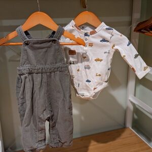 Pehr 3-6 month baby long sleeve bodysuit and green corduroy overalls
